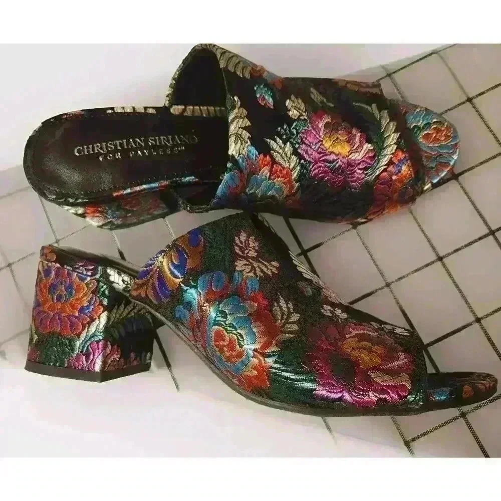 Christian‎ Siriano Sandals Satin Floral Slides Shoes Pumps Sz 7.5 Asian Boho